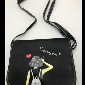 Women Bag black color Carton Printed Shoulder Crossbody Bag PU Square Mob